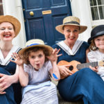 Performers Sinead Murphy & Darina Gallagher with 6 Year old Twins, Tess & Annie May Olwill at the Bizarre Bloomsday Brunch, North Great Georges Street